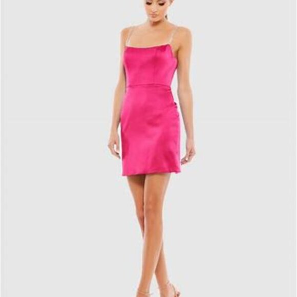 Mac Duggal NWT Candy Pink Rhinestone Strap Satin Mini Dress Size 2 #55691 - Picture 1 of 7